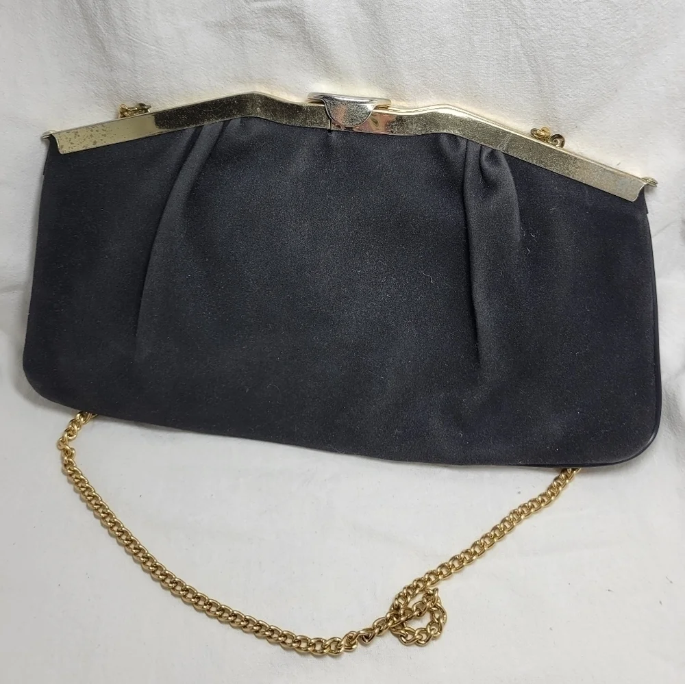 Vintage RARE Black Suede clutch Evening Bag Long Chain Purse box style opening - Picture 5 of 7